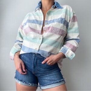 Vintage Y2K Striped Colorblock Long Sleeve Button Down Cotton Shirt Large